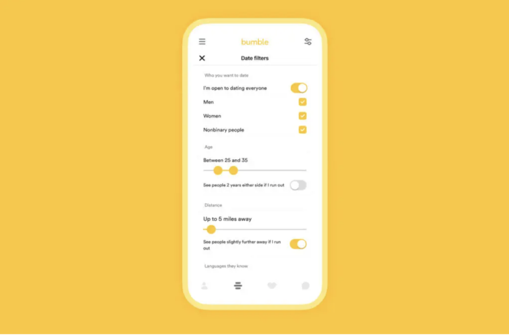 A screenshot of Bumble’s ‘Data filters’ page appears on a mobile phone. 